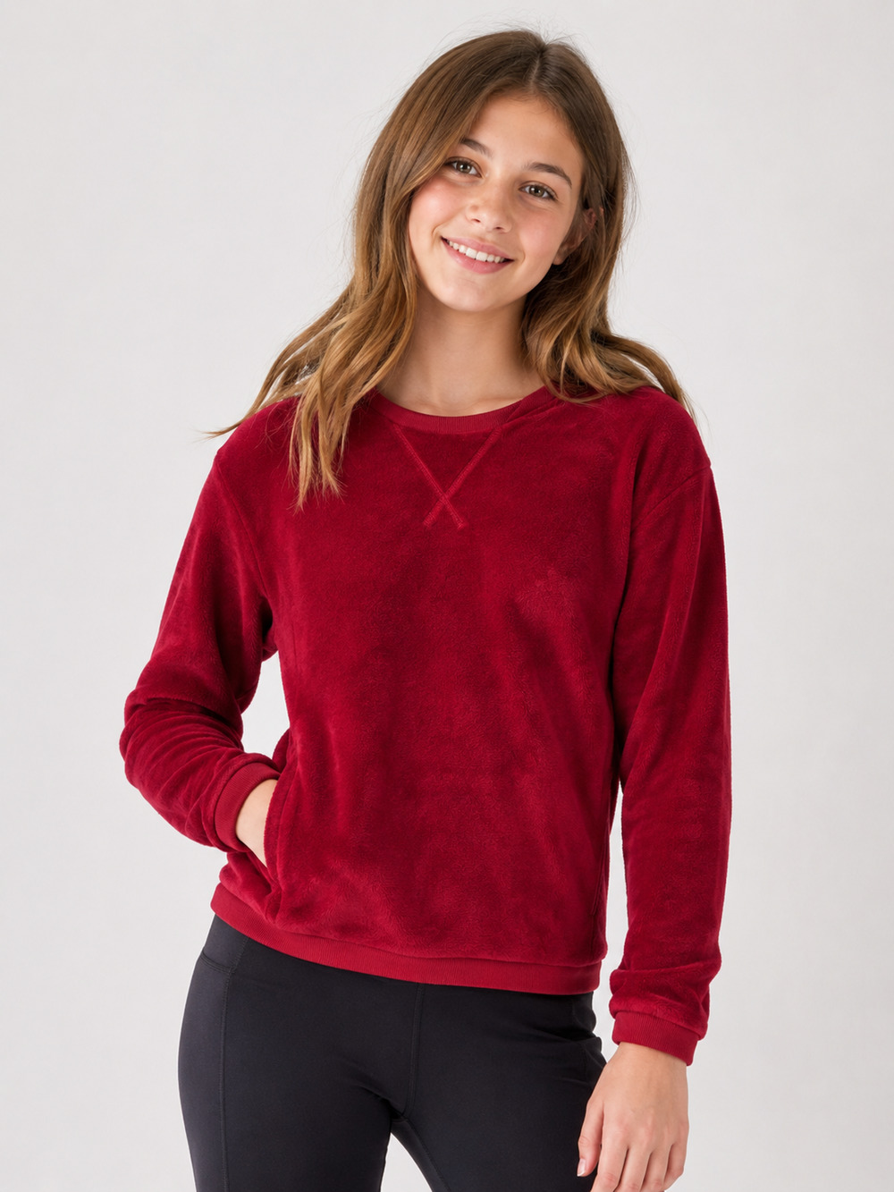 Athleta Girl Feelin' Great 2.0 Red plush Soft Velour pullover Crewneck XXL 16